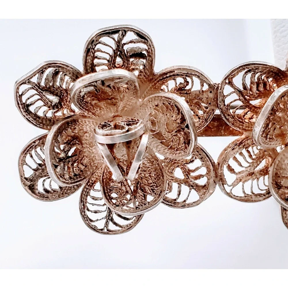 Vintage Sterling Silver Mexico Trio Filigree Design Rosebud Brooch Pin